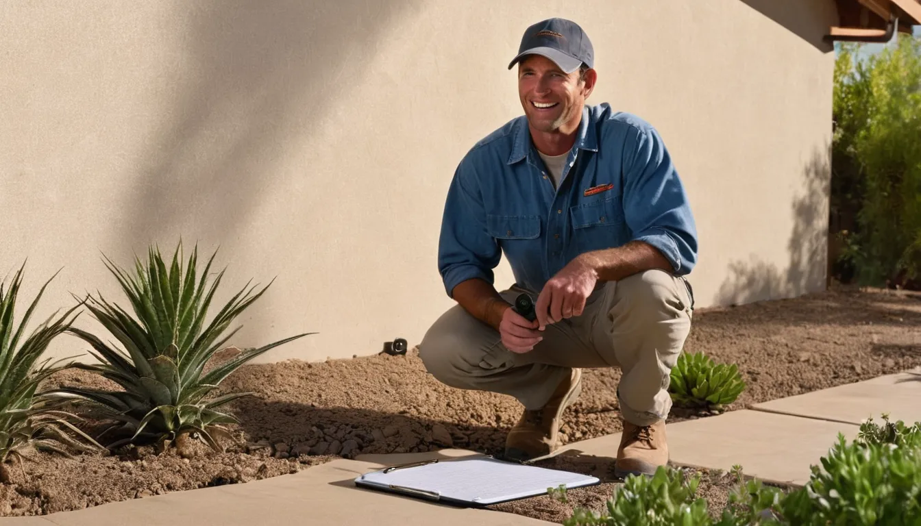 A friendly provider inspecting the exterior of a stucco ranch home in Los Angeles